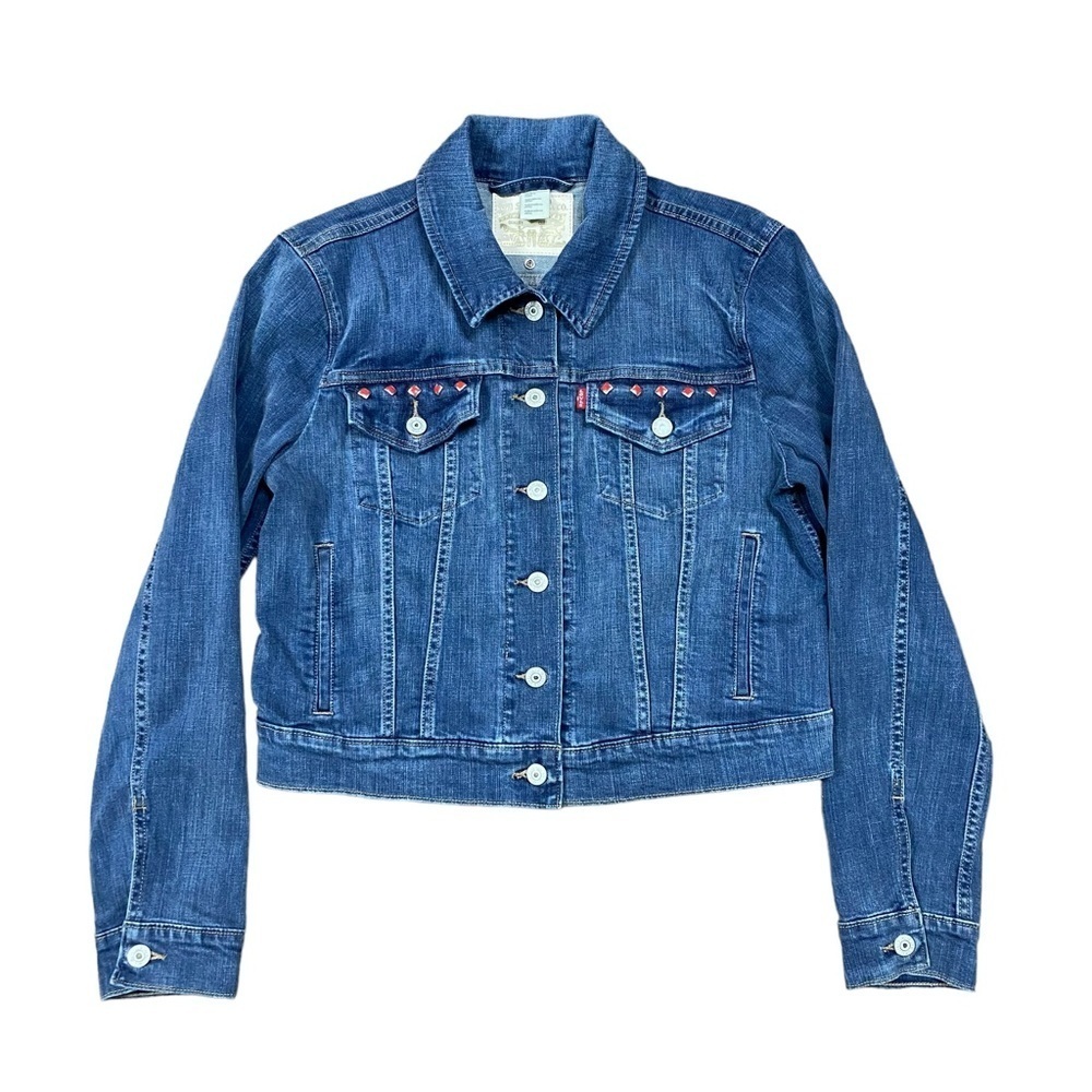 Levi’s Trucker Blue Denim Red Diamond Shaped Studded Jean Jacket Size Large